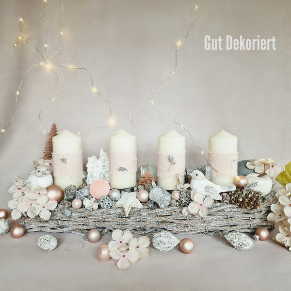 Adventskranz Winterdeko Tischdeko Vögel weiß rosa