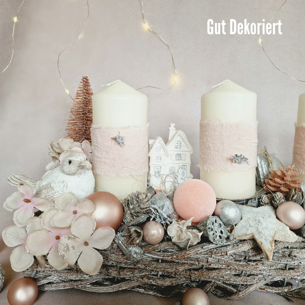 Adventskranz Winterdeko Tischdeko Vögel weiß rosa
