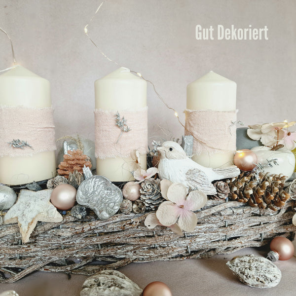 Adventskranz Winterdeko Tischdeko Vögel weiß rosa