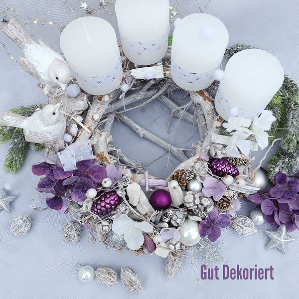 Adventskranz Winterkranz Weihnachtskranz lila Vogel