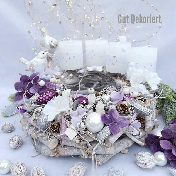 Adventskranz Winterkranz Weihnachtskranz lila Vogel