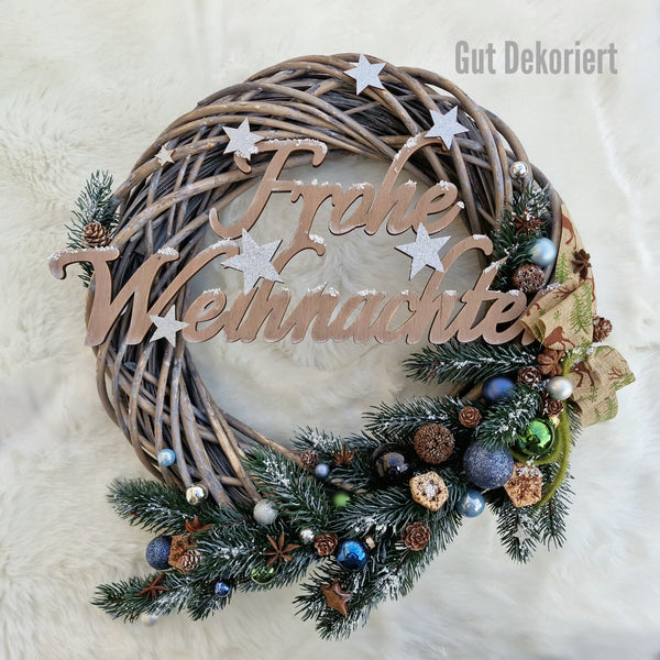 Winterdeko Türdeko Türkranz Winterkranz Frohe Weihnachten blau