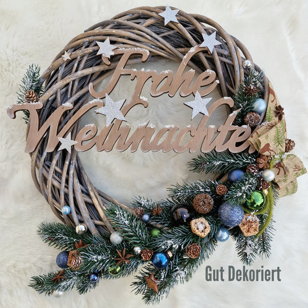 Winterdeko Türdeko Türkranz Winterkranz Frohe Weihnachten blau