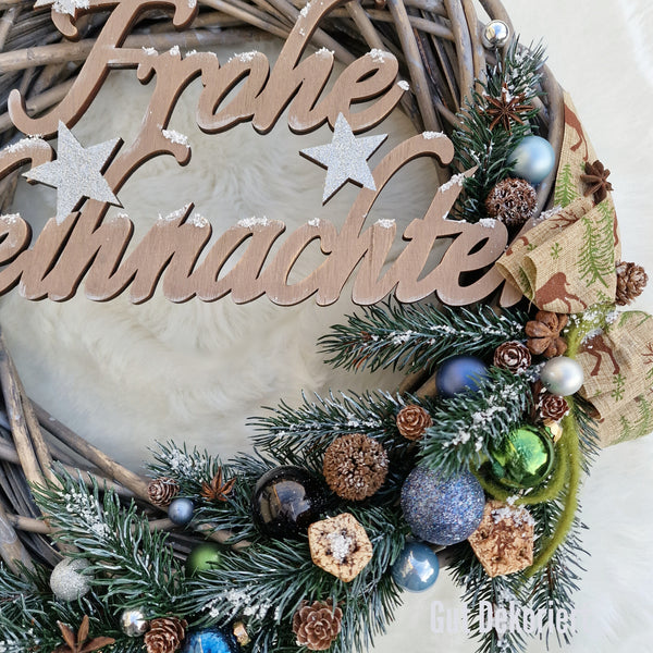 Winterdeko Türdeko Türkranz Winterkranz Frohe Weihnachten blau