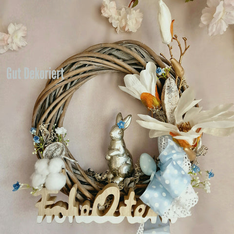 Türkranz Türdeko Osterdeko Magnolien Osterei blau silber weiss