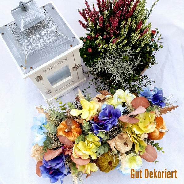 Gesteck Tischdeko Kürbis Pastel Erntefest Hortensien bunt