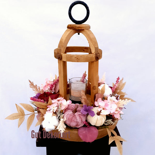 Gesteck Tischdeko Kürbis Pastel Laterne rosa