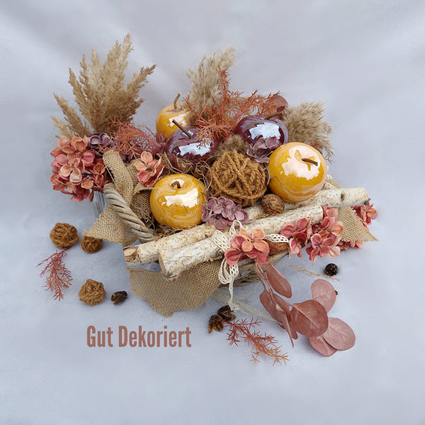 Korb Dekokorb Gesteck Tischdeko Herbstdeko Herbstgesteck Apfel gelb rot